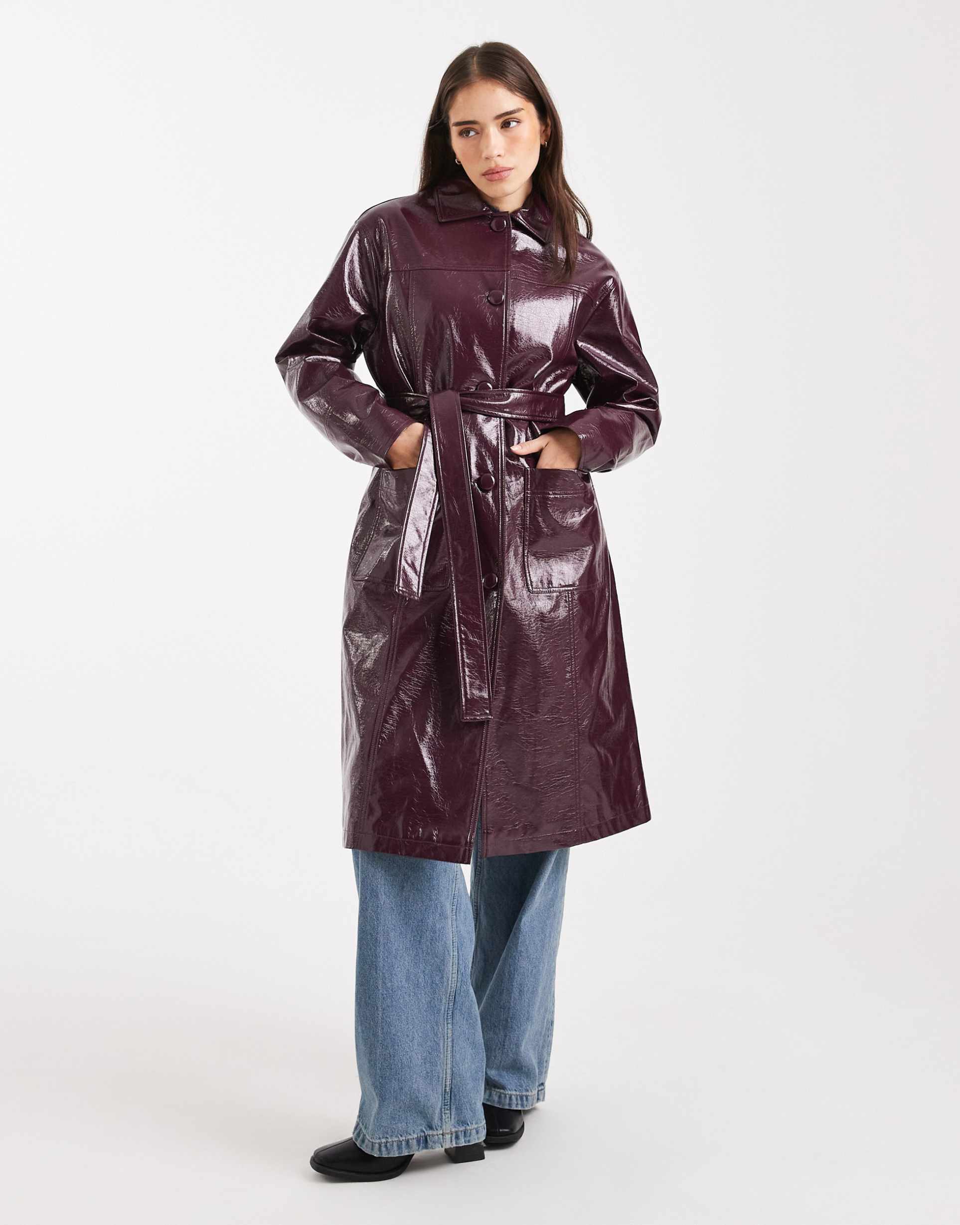 miss selfridge vinyl faux leather trench in plum