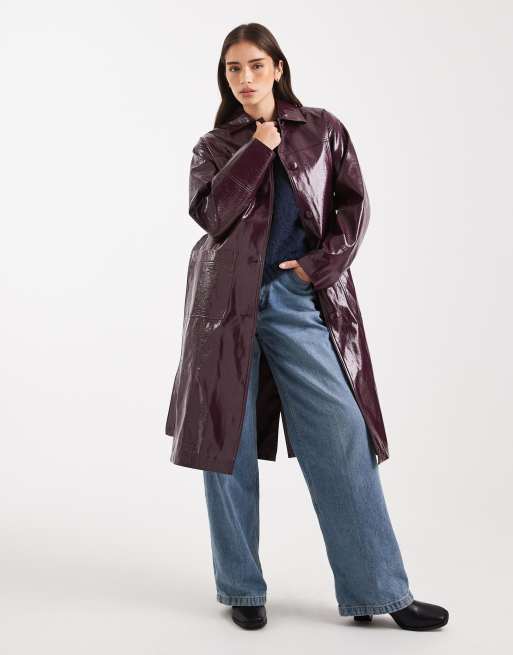 Miss Selfridge vinyl faux leather trench in plum