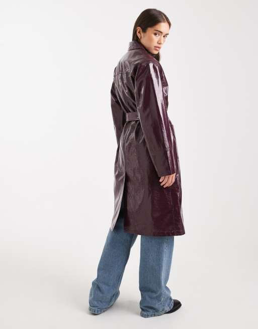 Miss Selfridge vinyl faux leather trench in plum