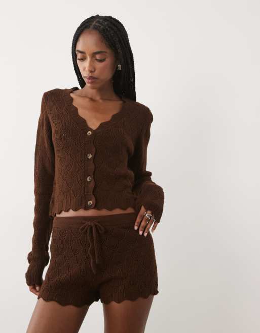Miss Selfridge virkad stickad shorts-set i chokladbrun, 2 av 5