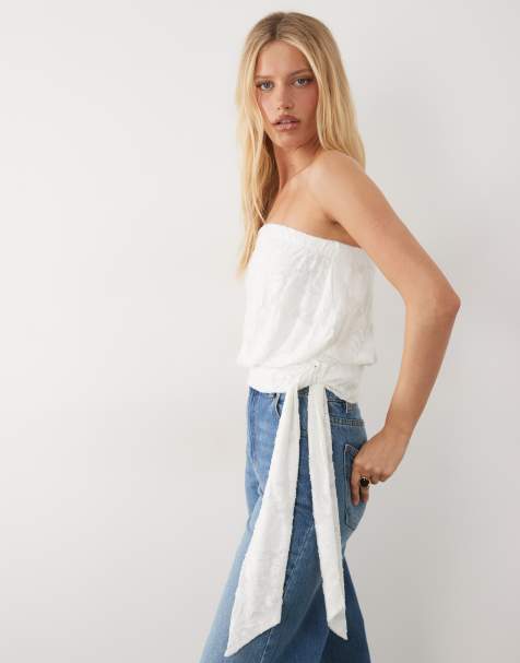 Miss Selfridge – Vit bandeau-topp i devoré med knytning i midjan - view 1