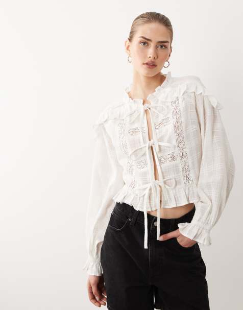 Miss Selfridge – Vit blus i linne med knyt framtill - view 1