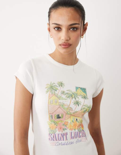 Miss Selfridge – Vit, liten t-shirt med Saint Lucia-tryck, 3 av 4
