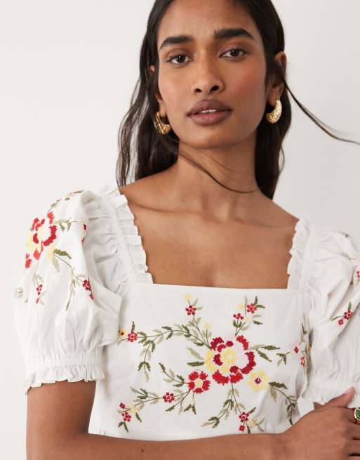 Miss Selfridge – Vit miniklänning i babydollstil med broderi, 2 av 4