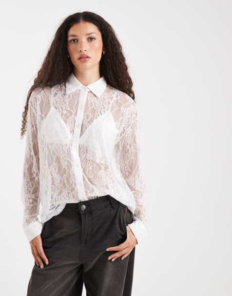 Miss Selfridge – Vit skjorta i spets och oversize - view 1