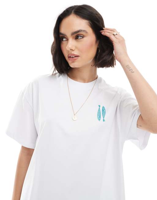Miss Selfridge – Vit t-shirt i oversize med sardintryck och rosa ränder baktill, 4 av 4