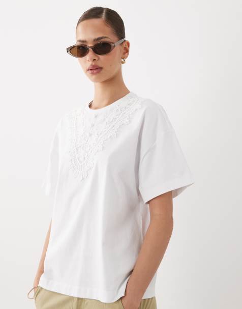 Miss Selfridge – Vit t-shirt i oversize med spetskant - view 1