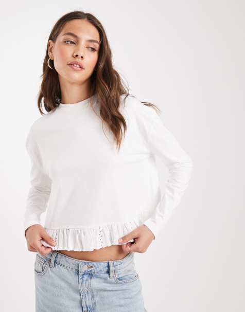 Miss Selfridge – Vit t-shirt med långa ärmar och volangfåll - view 1