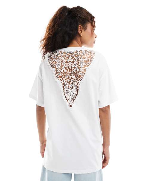 Miss Selfridge – Vit t-shirt med spets baktill - view 1