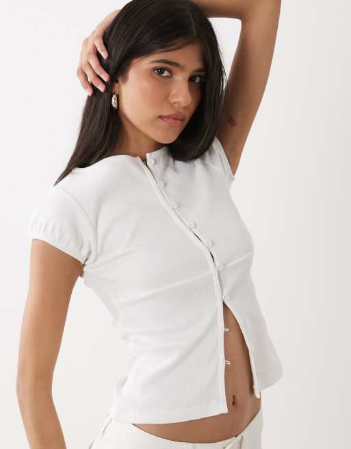 Miss Selfridge – Vit topp med knäppning och båtringning, 3 av 4