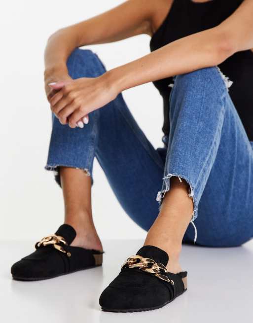 MISS SELFRIDGE - VOLCAN - PANTOFFELS ZONDER ACHTERKANT MET KETTINGDETAIL IN ZWART