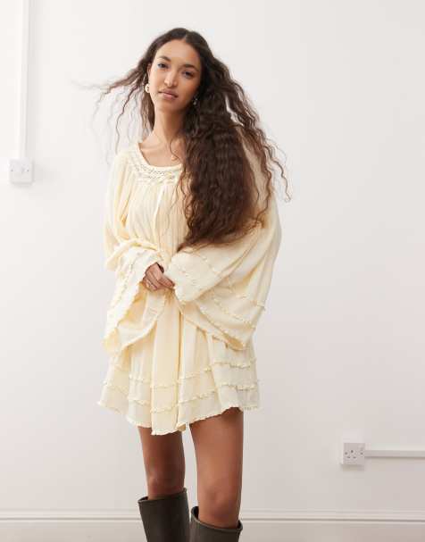 Miss Selfridge volume sleeve  mini smock dress in buttermilk