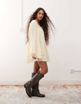 Shop Miss Selfridge Volume Sleeve Mini Smock Dress In Neutral