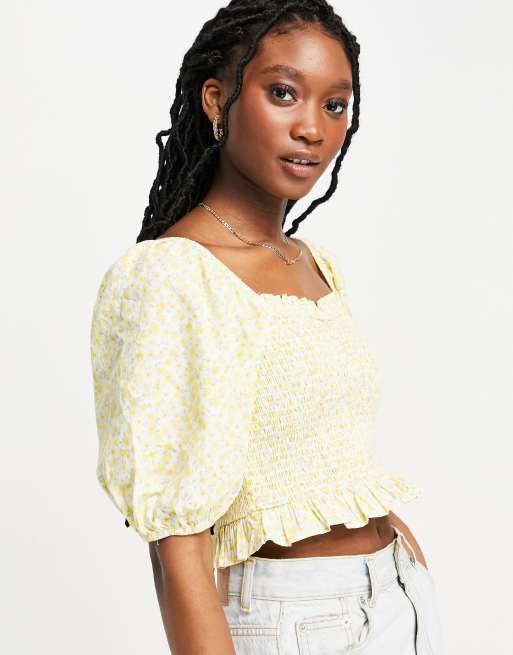 Miss Selfridge volume sleeve shirred blouse in yellow ditsy | ASOS