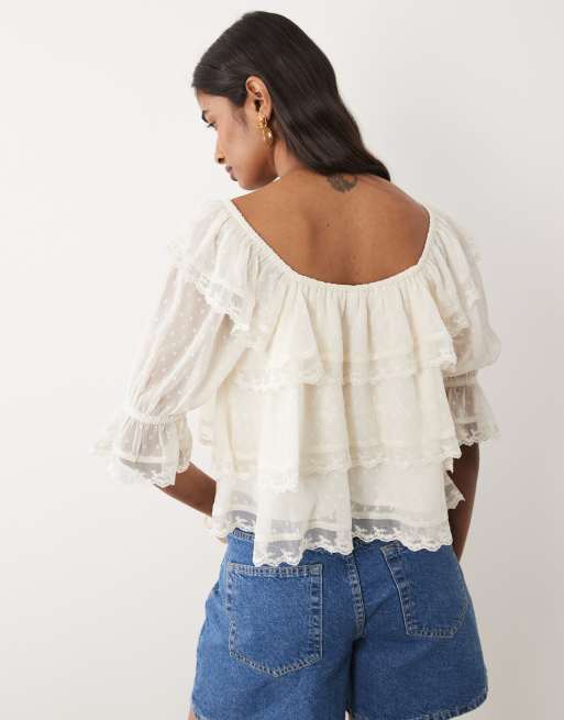 Miss Selfridge – Vorn gebundene Bluse mit Punktestruktur, 2 von 4