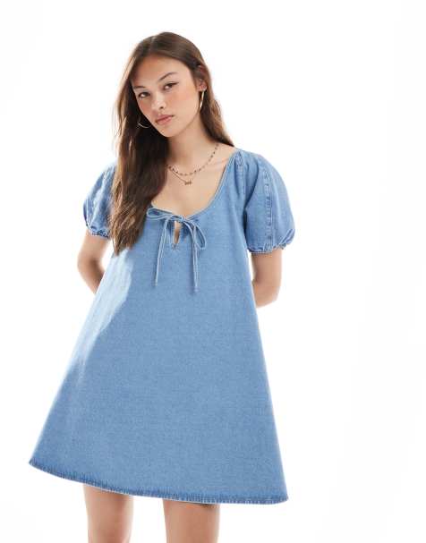 Miss Selfridge – Vorne gebundenes, ausgestelltes Kleid in mittlerer Waschung mit Trapez-Schnitt - view 1