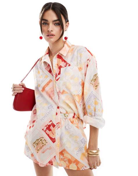 Miss Selfridge – Vykortsmönstrad skjorta i oversize av linneblandning - view 1