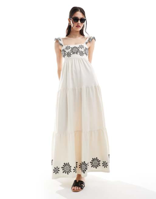Miss Selfridge – Warstwowa kremowa sukienka maxi z haftowanym wzorem