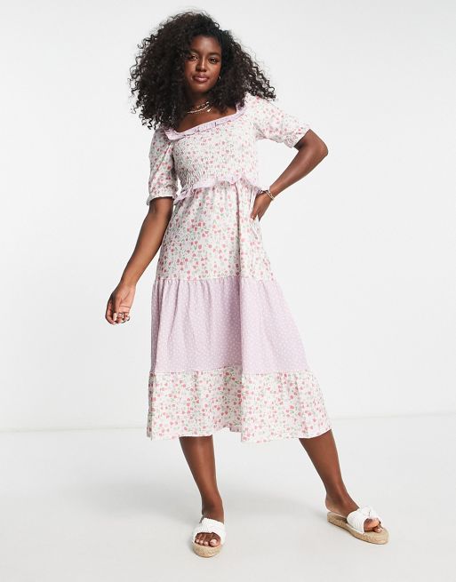 Miss Selfridge – Warstwowa sukienka midi z falbanką w mieszany wzór