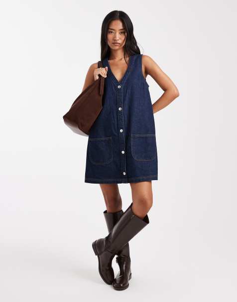 Miss Selfridge washed denim pinafore dress with patch pockets - view 1