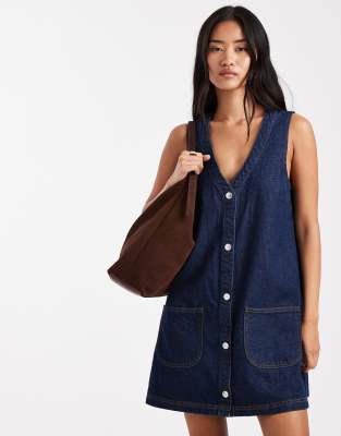 Miss Selfridge Washed Denim Pinafore Dress With Patch Pockets-blue In Blue