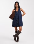 [Miss Selfridge] Miss Selfridge washed denim pinny dress with patch pockets-Blue 8 Dark blue wash