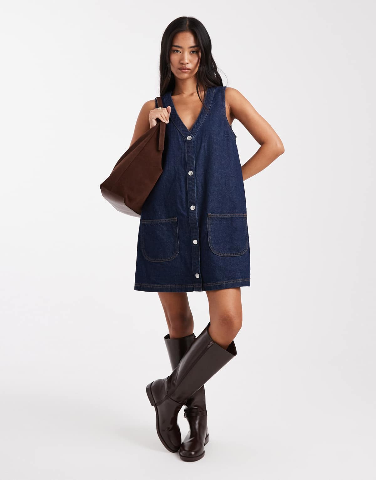 Miss Selfridge washed denim pinny dress with patch pockets
