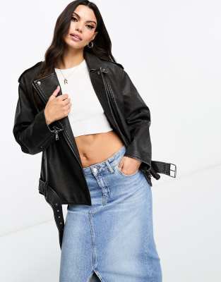 washed faux leather oversized biker jacket in black wash