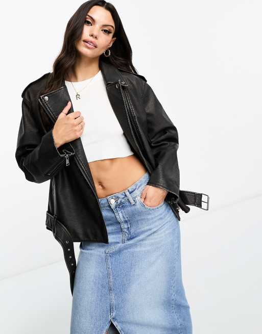 Black Oversized Belted Hem Cropped Biker Jacket