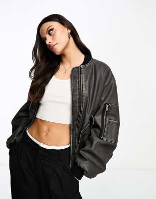 Miss Selfridge Washed Faux Leather Oversized Bomber Jacket In Black