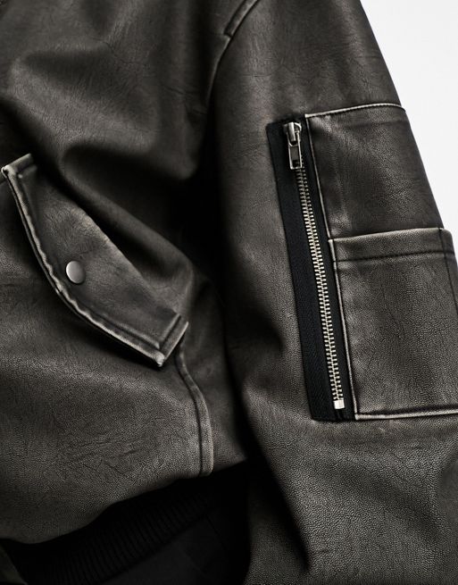 ASOS DESIGN washed faux leather bomber jacket in black