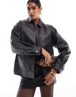 Miss Selfridge Washed Faux Leather Oversized Bomber Jacket In Black