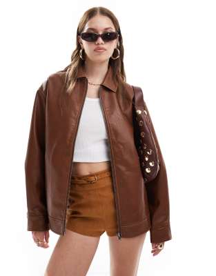 washed faux leather oversized bomber jacket in chestnut-Brown