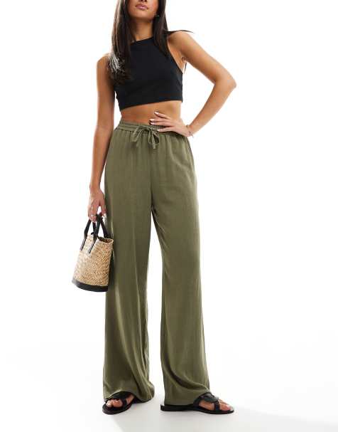 Miss Selfridge linen blend pull on wide leg trouser in khaki