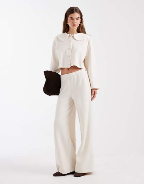 Miss Selfridge – Weiche, gerippte Hose in Cremeweiß mit weitem Bein, Kombiteil - view 1
