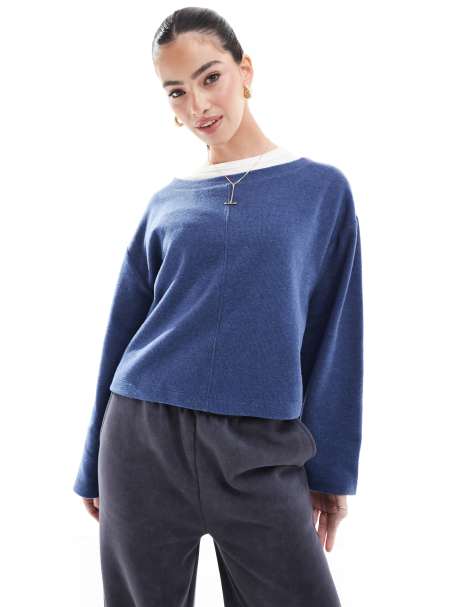 Miss Selfridge – Weiches, langärmliges Oversize-Oberteil in geripptem Blau - view 1