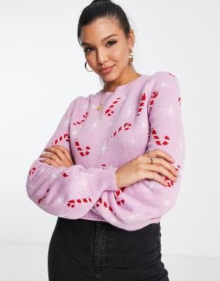 Miss Selfridge - Weihnachtspullover in Rosa mit Zuckerstangen- und Sternmuster