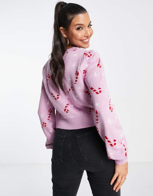 Miss Selfridge – Weihnachtspullover in Rosa mit Zuckerstangen- und Sternmuster , 2 von 4