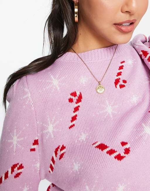 Miss Selfridge – Weihnachtspullover in Rosa mit Zuckerstangen- und Sternmuster , 3 von 4