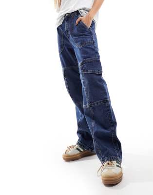 Thumbnail - Miss Selfridge - Weit geschnittene Cargo-Jeans in dunkler Indigo-Waschung-Blau