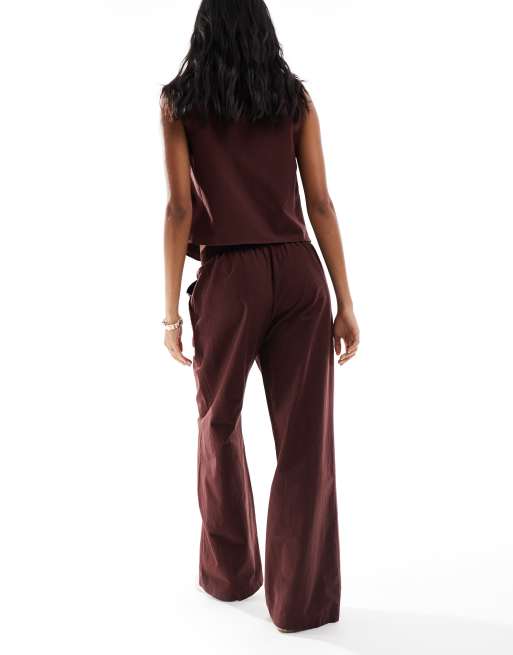 Miss Selfridge – Weit geschnittene Hose mit Leinen in Schokobraun, Kombiteil, 4 von 5