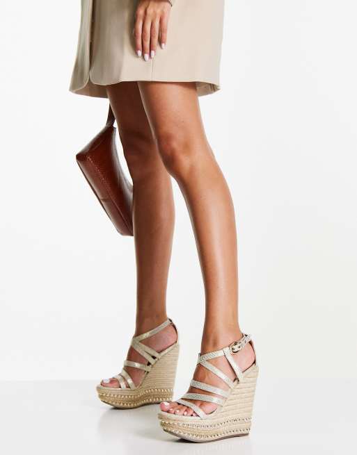 Miss Selfridge Wendi strappy espadrille wedge in gold | ASOS