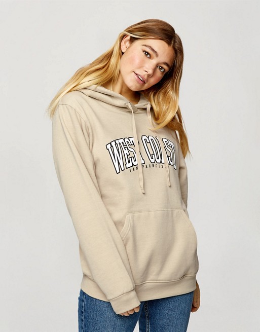 Miss Selfridge 'west coast' slogan hoodie in ecru