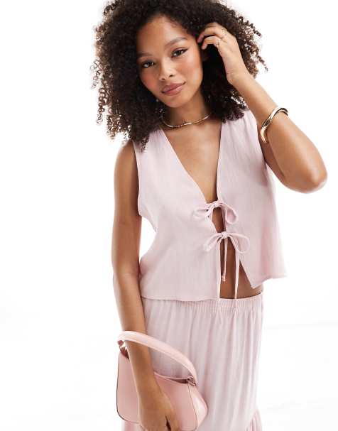 Miss Selfridge – Weste aus Leinen in Rosa mit Bindedetails vorne - view 1