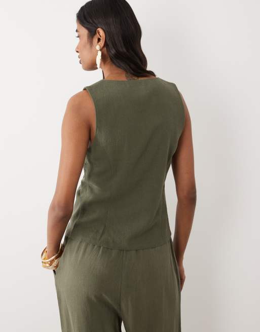 Miss Selfridge – Weste in olivgrüner Leinenoptik mit gebundener Vorderseite, 3 von 4