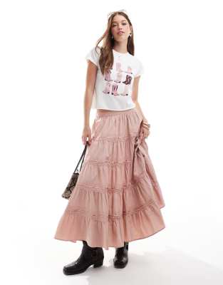 Miss Selfridge tiered ribbon trim insert prairie maxi skirt in