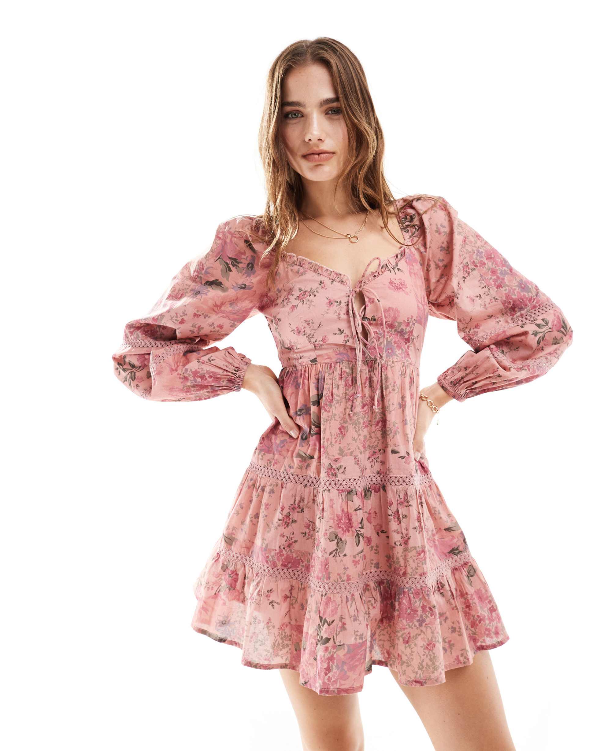 miss selfridge western cotton lace insert tiered mini dress in patchwork floral