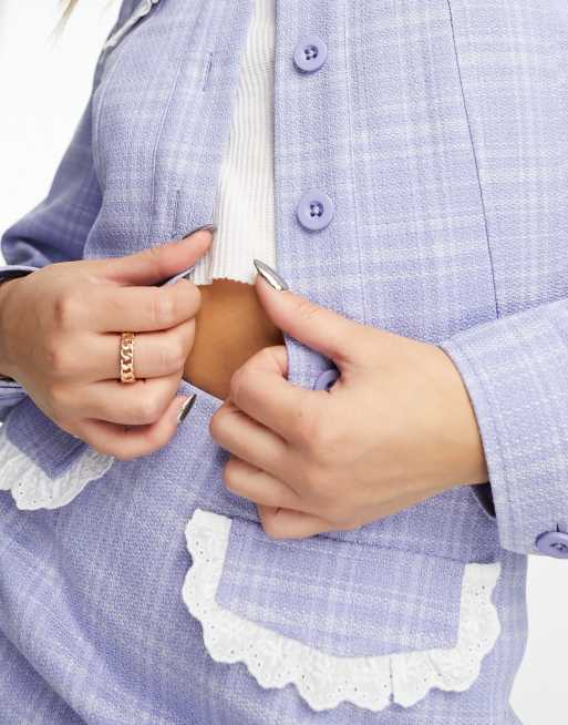 Miss Selfridge western crop check jacket with lace trim detail in blue - part of a set