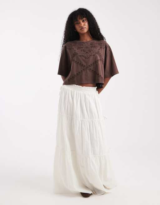 Miss Selfridge western embroidered cropped tee in chocolate