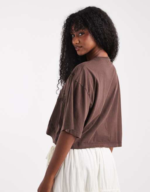 Miss Selfridge western embroidered cropped tee in chocolate